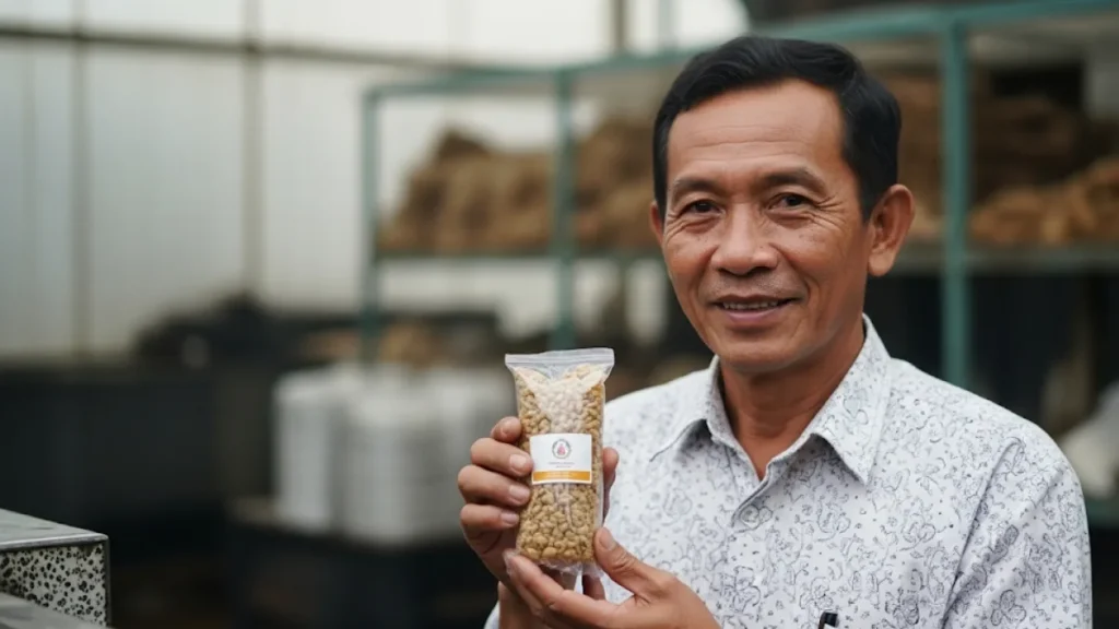 Foto candid yang hangat dan otentik, menampilkan seorang pemilik UMKM di Nganjuk, mungkin seorang ibu paruh baya, sedang tersenyum bangga sambil memegang produk andalannya