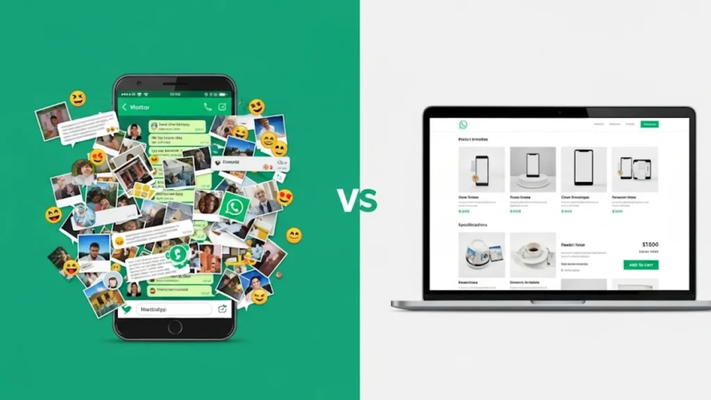 Infografis perbandingan. Sisi kiri menunjukkan tampilan chat WhatsApp yang berantakan dengan banyak foto dan teks. Sisi kanan menunjukkan tampilan halaman produk di website yang bersih dan terstruktur.