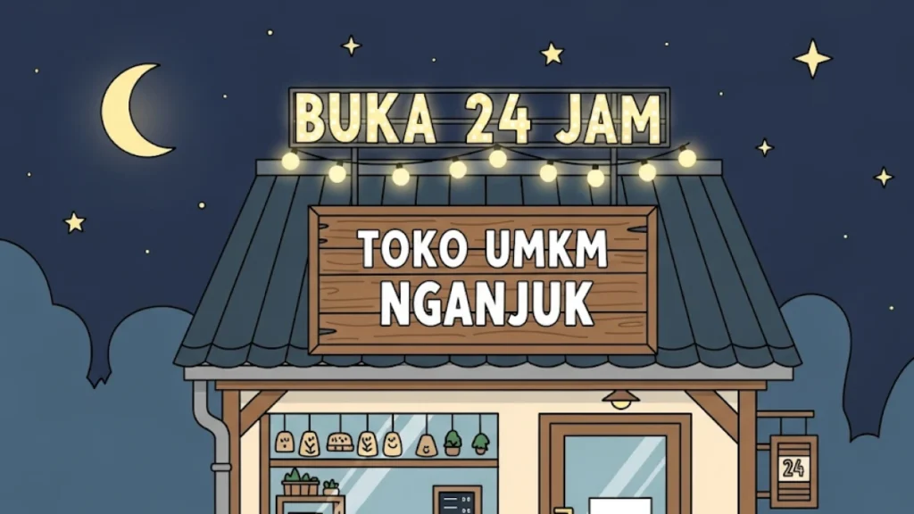 Ilustrasi sederhana yang menawan, menampilkan sebuah ruko kecil dengan papan nama "Toko UMKM Nganjuk". Di atasnya ada tulisan "Buka 24 Jam" yang menyala terang di bawah langit malam dengan bulan dan bintang.