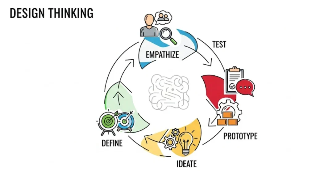 Infografis profesional yang menunjukkan 5 tahapan Design Thinking dalam sebuah siklus: Empathize, Define, Ideate, Prototype, Test