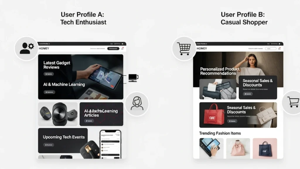 Diagram yang mengilustrasikan cara kerja personalisasi website berbasis AI, menunjukkan dua profil pengguna berbeda melihat konten homepage yang berbeda