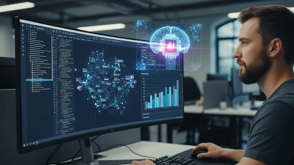 Ilustrasi seorang developer di kantor Brain Dee Tech yang sedang bekerja di depan monitor, dengan antarmuka AI yang membantunya memvisualisasikan data dan kode