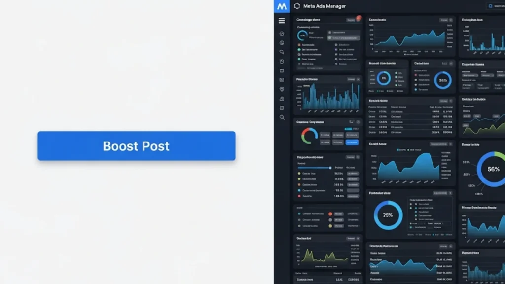 Gambar perbandingan yang kontras. Sisi kiri menunjukkan tombol biru "Boost Post" yang sederhana. Sisi kanan menunjukkan tampilan dasbor Meta Ads Manager yang terlihat kompleks namun powerful, dengan berbagai grafik dan data.