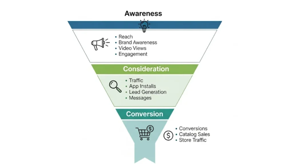 Infografis profesional yang menggambarkan sebuah corong (funnel) yang terbagi 3 tahap: Awareness (atas), Consideration (tengah), dan Conversion (bawah), dengan daftar tujuan iklan yang sesuai untuk setiap tahap.