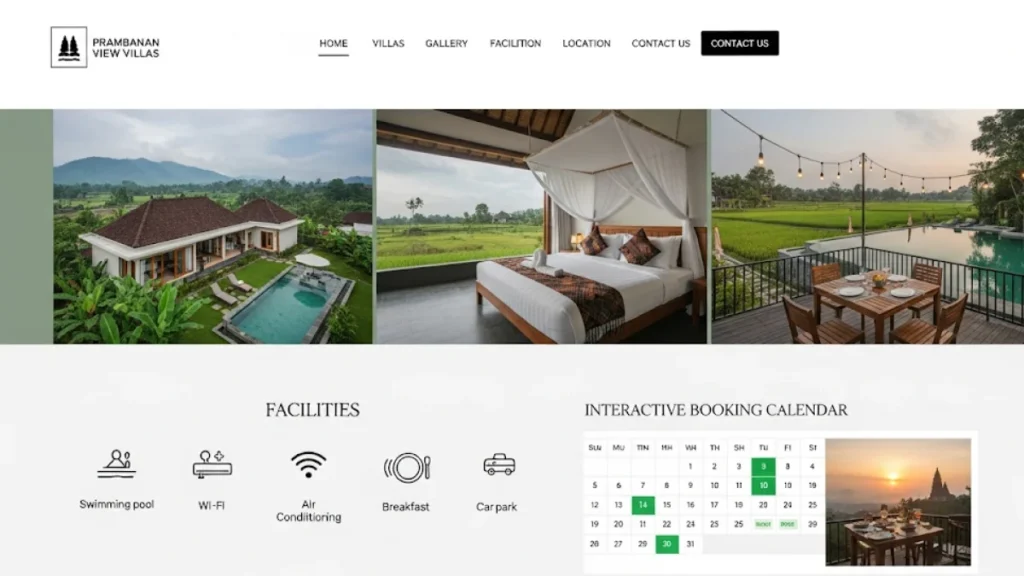 Mockup desain website yang elegan untuk sebuah homestay atau villa di dekat area wisata Nganjuk, menampilkan galeri foto besar, fasilitas, dan kalender booking yang interaktif.