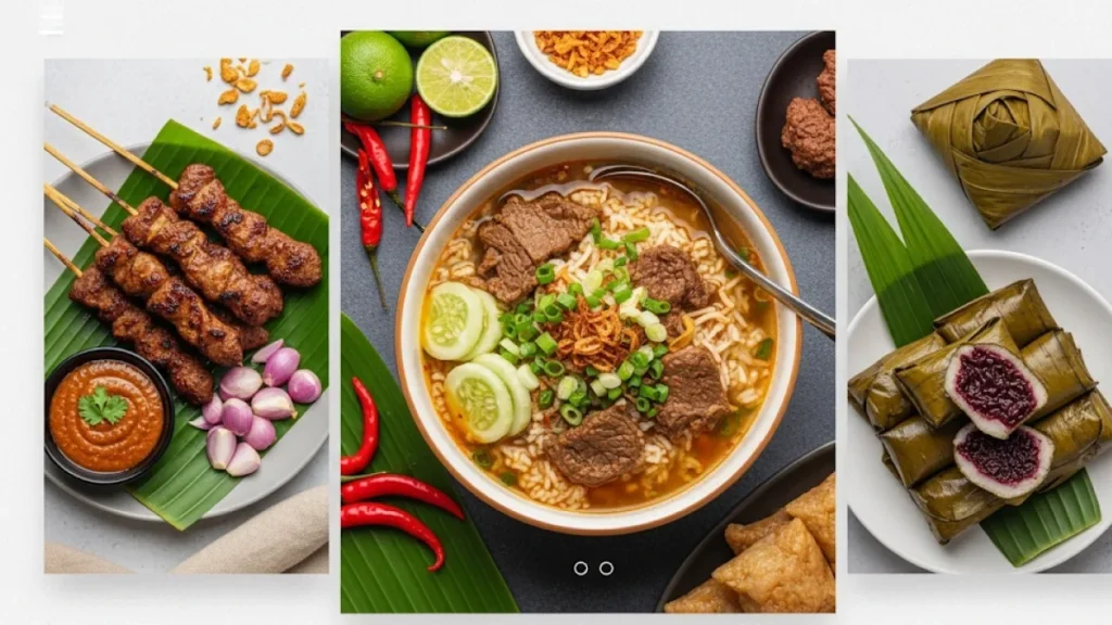 Gambar kolase yang menggugah selera, menampilkan foto-foto profesional dari kuliner khas Nganjuk seperti Nasi Becek, Sate Kambing, dan Dumbleg yang ditata dalam sebuah layout website modern.