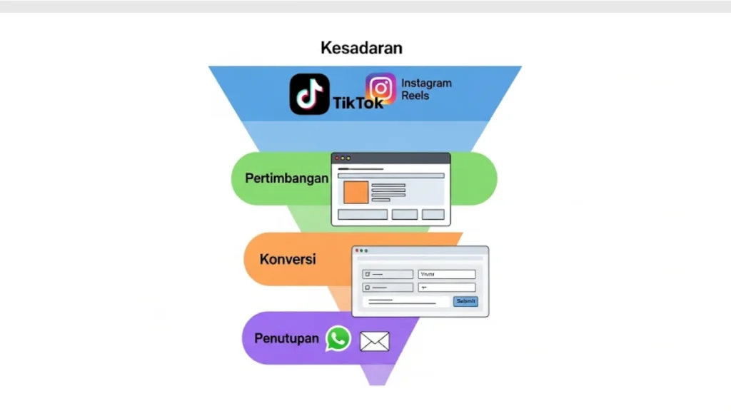 Infografis besar yang jelas dan menarik, menggambarkan sebuah corong (funnel) dari atas ke bawah. Bagian atas (Awareness) memiliki ikon TikTok & Instagram Reels. Bagian tengah (Consideration) memiliki ikon Landing Page. Bagian bawah (Conversion) memiliki ikon Formulir. Dan bagian paling bawah (Closing) memiliki ikon WhatsApp & Email.