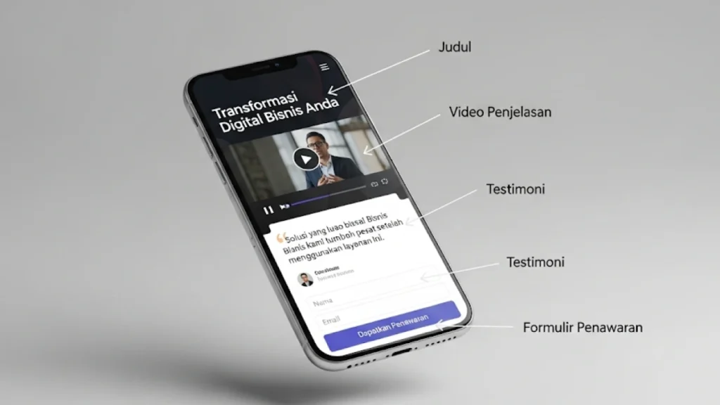 Mockup desain sebuah landing page yang efektif di layar ponsel, dengan panah-panah yang menunjuk ke elemen-elemen kunci seperti Judul, Video Penjelasan, Testimoni, dan Formulir Penawaran/Lead Magnet.