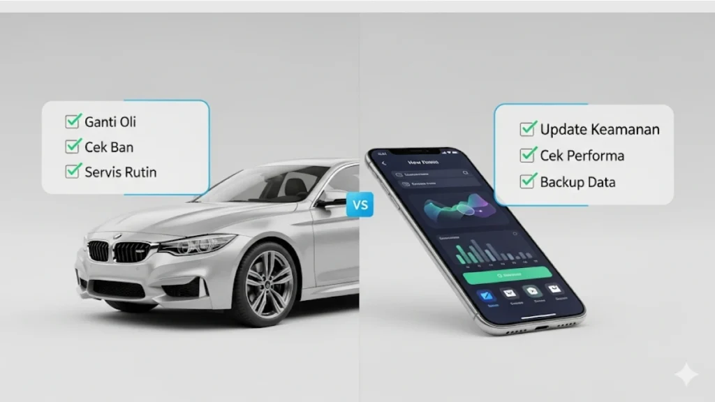 Infografis perbandingan yang menarik. Sisi kiri menampilkan sebuah mobil baru yang mengkilap dengan checklist di atasnya (Ganti Oli, Cek Ban, Servis Rutin). Sisi kanan menampilkan sebuah smartphone dengan aplikasi baru, dengan checklist serupa (Update Keamanan, Cek Performa, Backup Data).
