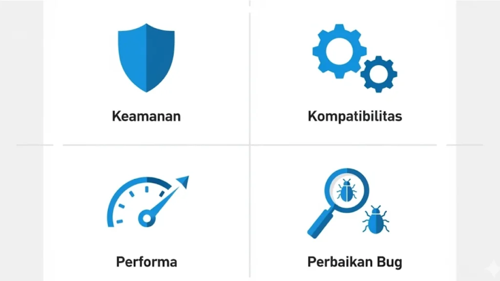 Infografis profesional dengan 4 kuadran, masing-masing menampilkan ikon dan judul untuk 4 alasan utama maintenance: Keamanan (Ikon Perisai), Kompatibilitas (Ikon Roda Gigi yang Saling Terhubung), Performa (Ikon Speedometer), dan Perbaikan Bug (Ikon Kaca Pembesar di atas Serangga).