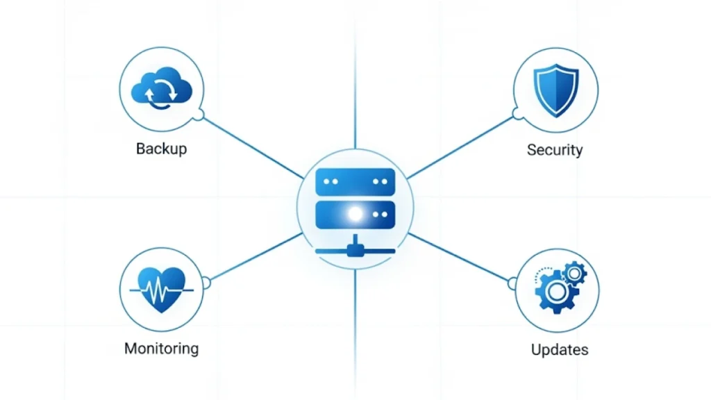 Diagram profesional yang menunjukkan sebuah ikon server/aplikasi di tengah, dikelilingi oleh ikon-ikon yang merepresentasikan layanan maintenance: Ikon Backup (awan dengan panah siklus), Ikon Keamanan (perisai), Ikon Monitoring (grafik detak jantung), dan Ikon Updates (roda gigi berputar).
