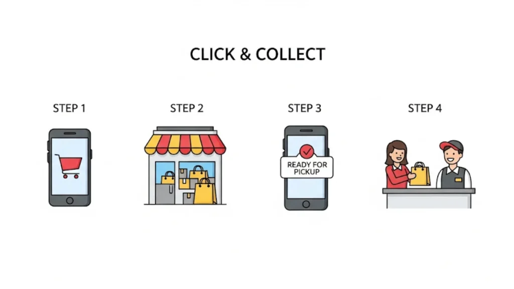 Infografis sederhana yang menggambarkan 4 langkah proses "Click & Collect" dengan ikon yang jelas: 1. Ikon laptop/ponsel dengan keranjang belanja, 2. Ikon toko dengan tas belanja yang disiapkan, 3. Ikon notifikasi pesan, 4. Ikon orang mengambil tas belanja dari toko.