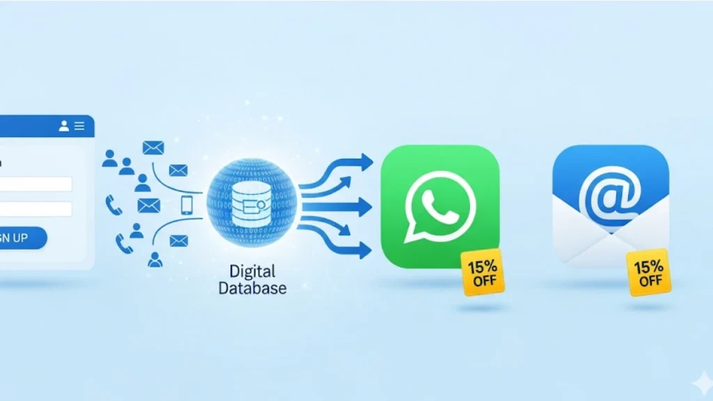 Ilustrasi konseptual yang menunjukkan sebuah website "menangkap" data pelanggan (ikon orang, email, telepon) dan memasukkannya ke dalam sebuah database digital terpusat, yang kemudian dari database tersebut keluar panah-panah promosi menuju ikon WhatsApp dan email.