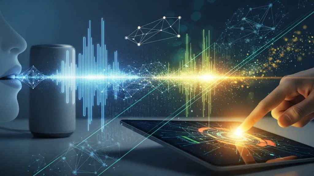 Gambar ilustrasi konseptual yang dinamis, menunjukkan interaksi multi-indera: sebuah tangan menyentuh layar tablet, sebuah gelombang suara keluar dari mulut menuju smart speaker, dan elemen visual lainnya yang merepresentasikan interaksi digital.