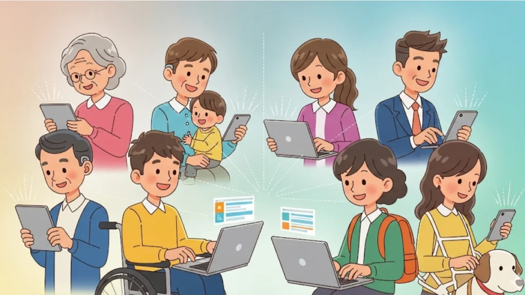 Ilustrasi yang menunjukkan sekelompok pengguna yang sangat beragam (lansia, pengguna kursi roda, orang tua dengan anak, profesional muda) semuanya tersenyum saat berinteraksi dengan sebuah layanan digital di perangkat mereka masing-masing.