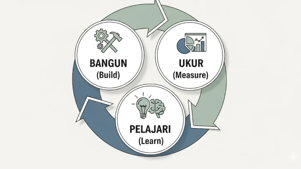 Diagram melingkar sederhana yang menunjukkan 3 tahap siklus umpan balik: Panah dari BUILD ke MEASURE, dari MEASURE ke LEARN, dan dari LEARN kembali ke BUILD.