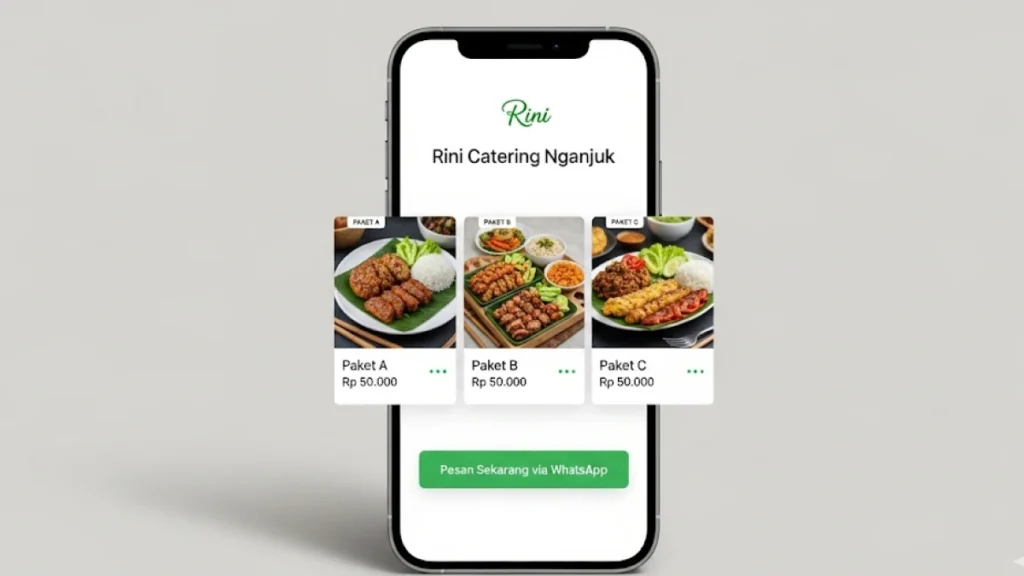 Mockup desain sebuah landing page yang sederhana namun profesional untuk "Rini Catering Nganjuk" di layar ponsel, menyorot 3 paket menu dan tombol besar "Pesan Sekarang via WhatsApp".