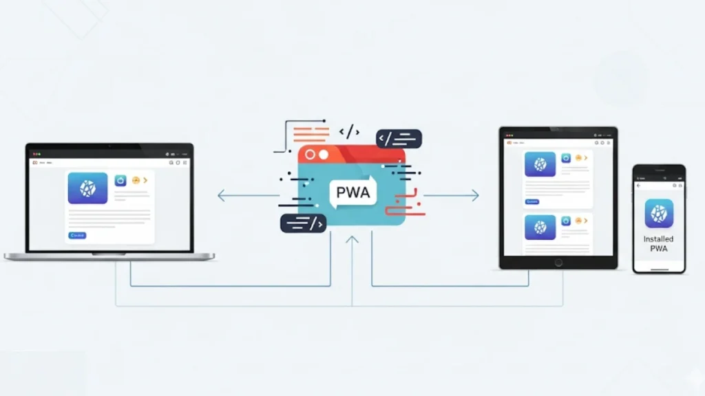 Infografis modern yang mengilustrasikan konsep PWA: sebuah ikon browser dengan kode di dalamnya, yang kemudian bercabang menampilkan antarmuka yang sama persis di layar laptop, tablet, dan sebuah ikon aplikasi di homescreen ponsel.