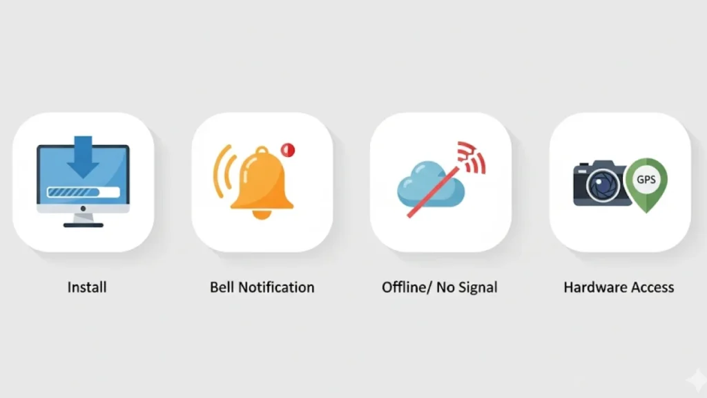 Infografis visual yang menampilkan 4 ikon besar secara berderet: ikon "Install", ikon "Notifikasi Lonceng", ikon "Offline/Tanpa Sinyal", dan ikon "Akses Hardware (kamera/GPS)".