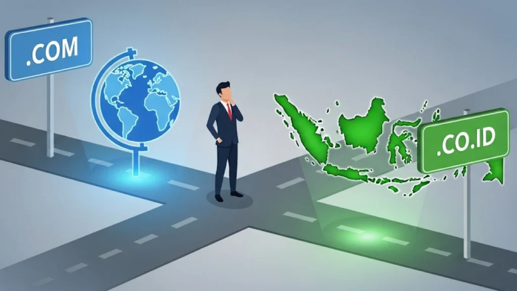 Ilustrasi konseptual yang menunjukkan seorang pebisnis berdiri di persimpangan jalan. Satu jalan mengarah ke ikon bola dunia dengan label ".COM". Jalan lainnya mengarah ke ikon peta Indonesia dengan label ".CO.ID".