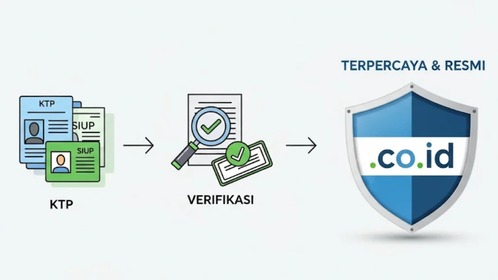 Infografis yang menggambarkan proses untuk mendapatkan domain .CO.ID. Dimulai dengan ikon dokumen (KTP/SIUP/TDP), lalu panah menuju ikon "Verifikasi", yang kemudian menghasilkan sebuah perisai dengan tulisan "Terpercaya & Resmi" di atas nama domain .CO.ID.