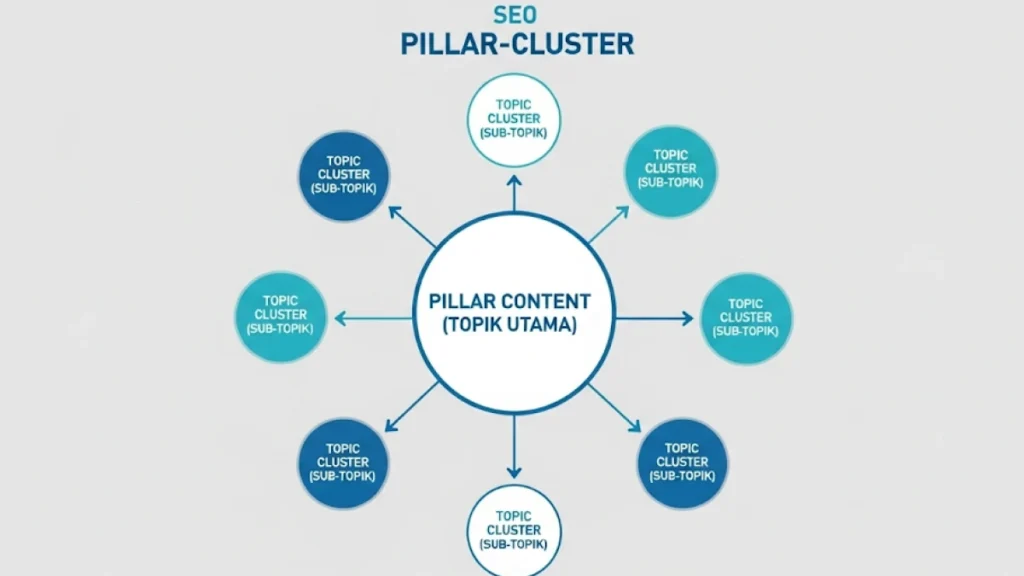 Infografis profesional yang jelas, menggambarkan model "Hub-and-Spoke". Di tengah ada lingkaran besar bertuliskan "Pillar Content (Topik Utama)". Dari lingkaran ini, keluar beberapa garis yang terhubung ke lingkaran-lingkaran lebih kecil di sekelilingnya yang bertuliskan "Topic Cluster (Sub-Topik)". Panah menunjukkan link dari klaster ke pilar.