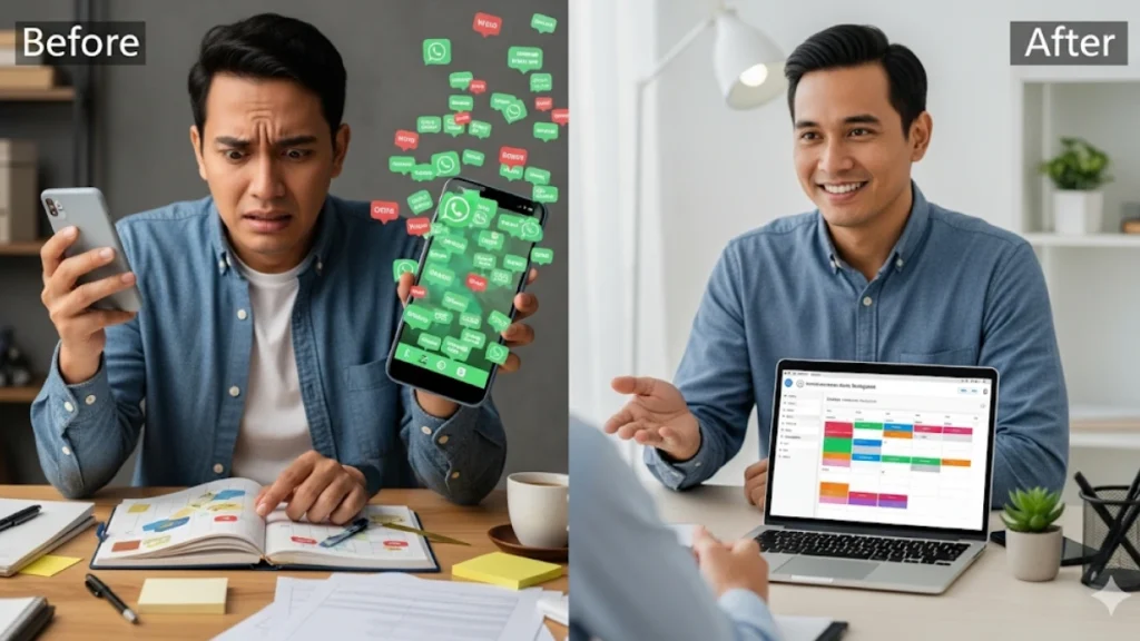 Ilustrasi perbandingan "Before vs. After" yang kuat. Sisi kiri menunjukkan seorang pemilik usaha yang terlihat stres, memegang ponsel dengan banyak notifikasi WhatsApp dan di sebelahnya ada buku agenda yang berantakan. Sisi kanan menunjukkan orang yang sama, kini terlihat rileks dan fokus melayani klien, sementara di latar belakang ada laptop yang menampilkan kalender booking online yang terisi secara otomatis.