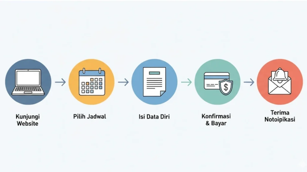 Diagram alur sederhana yang menggambarkan 5 langkah mudah proses booking dari sisi pelanggan, menggunakan ikon dan teks singkat untuk setiap langkahnya.