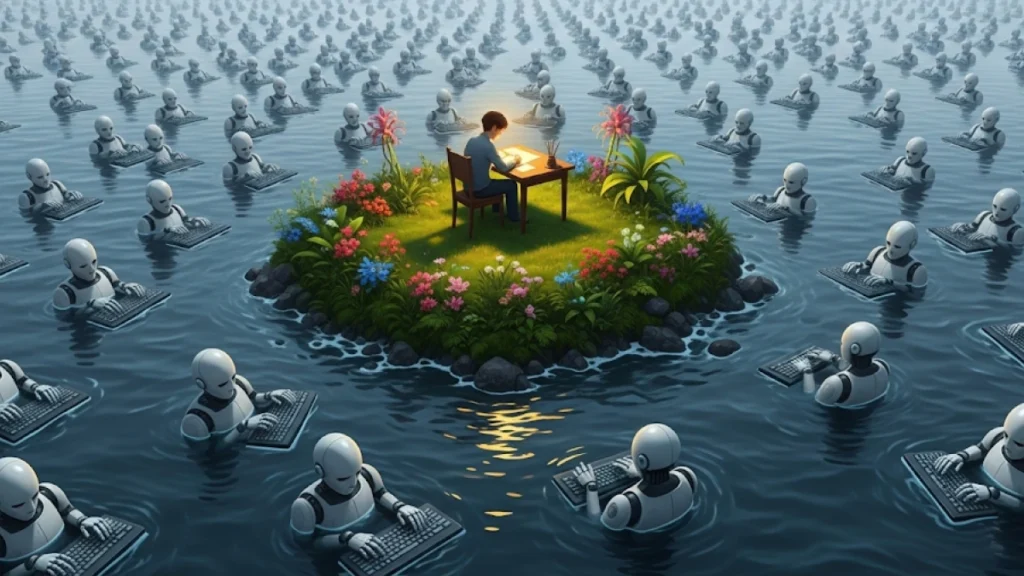 Ilustrasi konseptual yang kuat: sebuah lautan luas berwarna abu-abu yang dipenuhi oleh robot-robot identik yang sedang mengetik. Di tengah-tengah lautan tersebut, muncul sebuah pulau kecil yang subur dan berwarna-warni, di mana seorang penulis manusia sedang menciptakan sebuah karya yang unik.