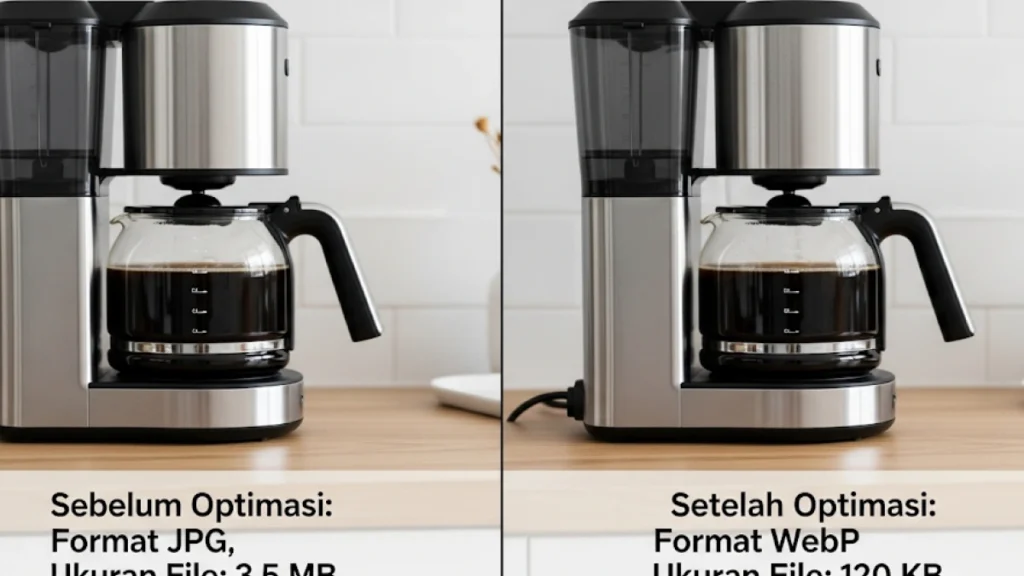Gambar perbandingan "Before vs. After" yang sangat jelas. Sisi kiri menunjukkan sebuah gambar produk dengan label "Sebelum Optimasi: Format JPG, Ukuran File: 3.5 MB". Sisi kanan menunjukkan gambar yang sama persis, terlihat tajam, dengan label "Setelah Optimasi: Format WebP, Ukuran File: 120 KB".