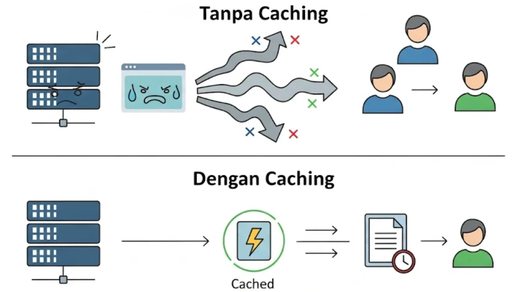 Diagram sederhana yang menjelaskan cara kerja caching. Sisi "Tanpa Caching" menunjukkan server yang bekerja keras melayani 3 pengguna secara individual. Sisi "Dengan Caching" menunjukkan server melayani pengguna pertama, lalu "Cached Version" melayani 2 pengguna berikutnya secara instan.