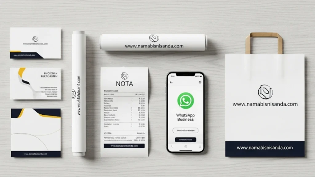 Kolase gambar yang menampilkan berbagai materi pemasaran—kartu nama, banner toko, nota pembelian, profil WhatsApp Business, kemasan produk—yang semuanya secara konsisten menampilkan alamat website dengan jelas.