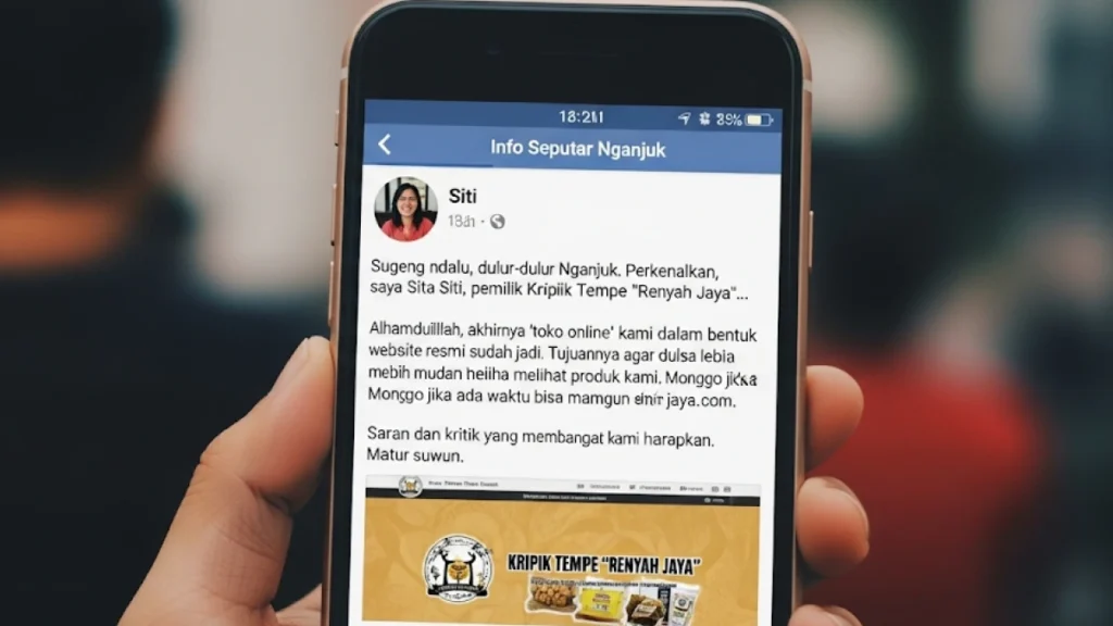 Mockup sebuah postingan Facebook yang ramah dan tulus di sebuah grup komunitas seperti "Info Seputar Nganjuk", di mana seorang pemilik bisnis memperkenalkan website barunya dan meminta masukan.